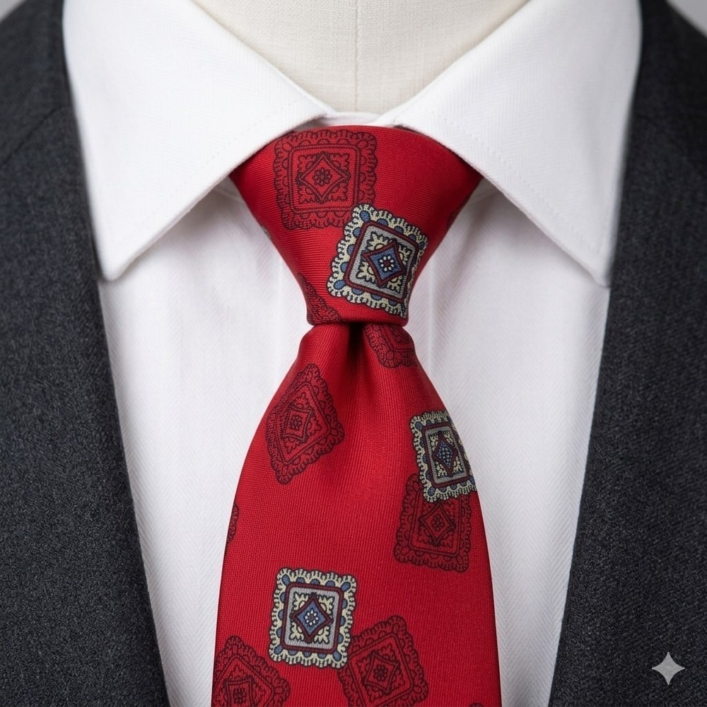 Vtg B. Altman & Co Tie Mens Silk Red Blue Geometric Medallion‎ Luxury Deadstock